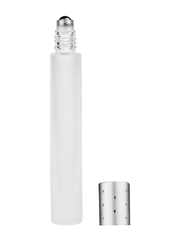 Tall cylinder design 9ml, 1/3oz frosted glass bottle with metal roller ball plug and silver cap with dots.