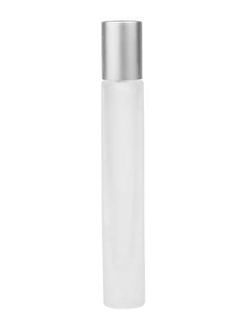 Tall cylinder design 9ml, 1/3oz frosted glass bottle with metal roller ball plug and matte silver cap.