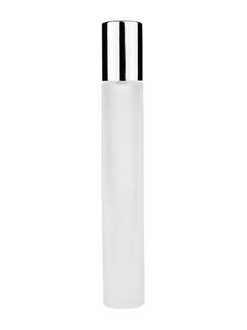 Tall cylinder design 9ml, 1/3oz frosted glass bottle with metal roller ball plug and shiny silver cap.