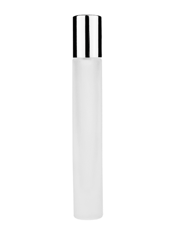 Tall cylinder design 9ml, 1/3oz frosted glass bottle with shiny silver cap.