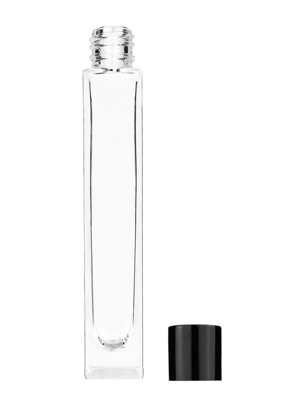 Empty Clear glass bottle with short shiny black cap capacity: 10ml, 1/3oz. For use with perfume or fragrance oil, essential oils, aromatic oils and aromatherapy.