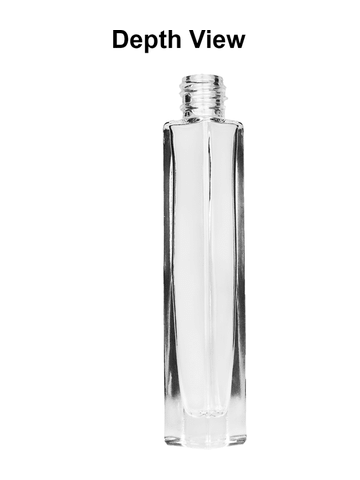 Tall rectangular design 10ml, 1/3oz Clear glass bottle with short black ridged cap.