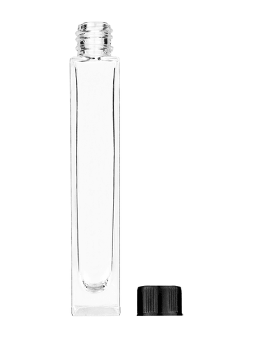 Tall rectangular design 10ml, 1/3oz Clear glass bottle with short black ridged cap.