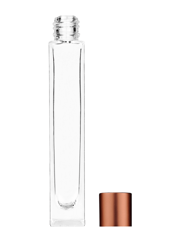 Empty Clear glass bottle with short matte copper cap capacity: 10ml, 1/3oz. For use with perfume or fragrance oil, essential oils, aromatic oils and aromatherapy.