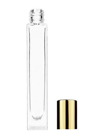 Tall rectangular design 10ml, 1/3oz Clear glass bottle with shiny gold cap.