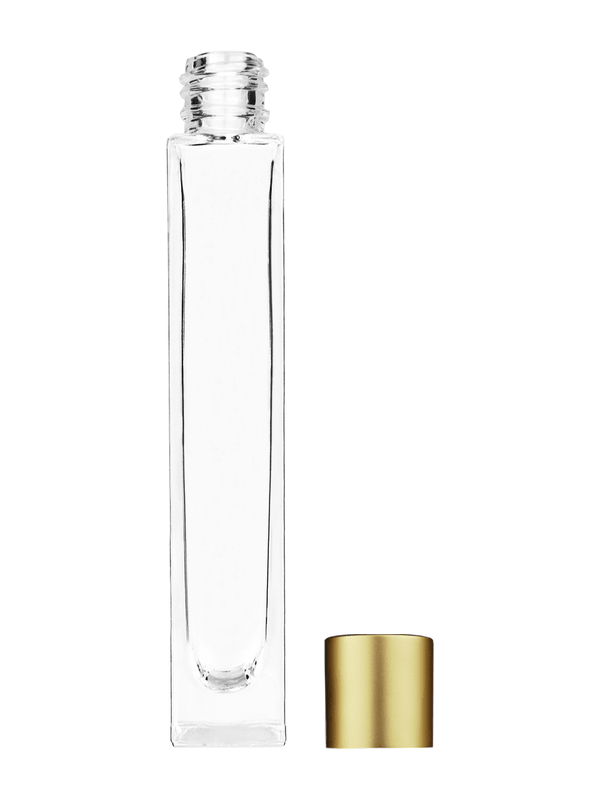 Empty Clear glass bottle with short matte gold cap capacity: 10ml, 1/3oz. For use with perfume or fragrance oil, essential oils, aromatic oils and aromatherapy.