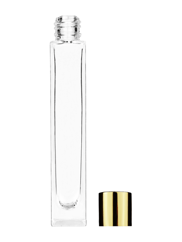 Empty Clear glass bottle with short shiny gold cap capacity: 10ml, 1/3oz. For use with perfume or fragrance oil, essential oils, aromatic oils and aromatherapy.