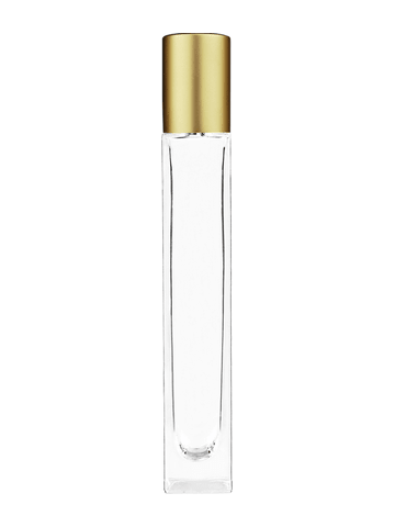 Tall rectangular design 10ml, 1/3oz Clear glass bottle with metal roller ball plug and matte gold cap.