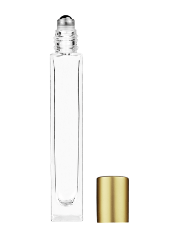 Tall rectangular design 10ml, 1/3oz Clear glass bottle with metal roller ball plug and matte gold cap.