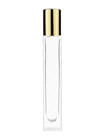 Tall rectangular design 10ml, 1/3oz Clear glass bottle with metal roller ball plug and shiny gold cap.