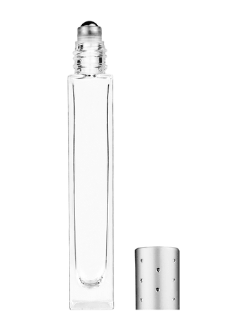 Tall rectangular design 10ml, 1/3oz Clear glass bottle with metal roller ball plug and silver cap with dots.