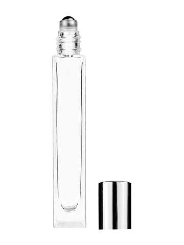 Tall rectangular design 10ml, 1/3oz Clear glass bottle with metal roller ball plug and shiny silver cap.