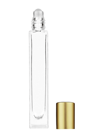 Tall rectangular design 10ml, 1/3oz Clear glass bottle with plastic roller ball plug and matte gold cap.