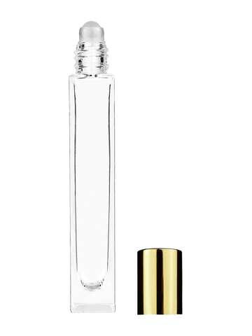 Tall rectangular design 10ml, 1/3oz Clear glass bottle with plastic roller ball plug and shiny gold cap.