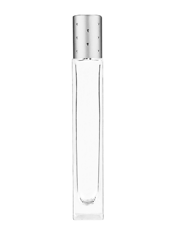 Tall rectangular design 10ml, 1/3oz Clear glass bottle with plastic roller ball plug and silver cap with dots.