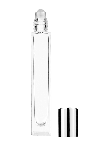 Tall rectangular design 10ml, 1/3oz Clear glass bottle with plastic roller ball plug and shiny silver cap.