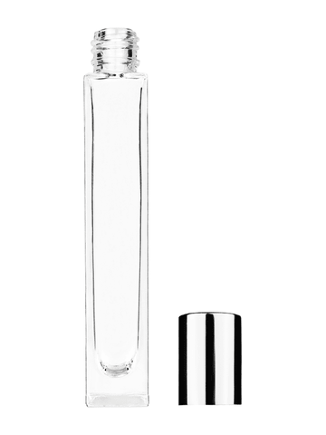 Tall rectangular design 10ml, 1/3oz Clear glass bottle with shiny silver cap.