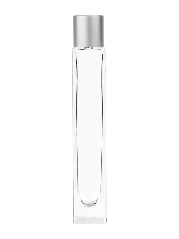 Empty Clear glass bottle with short matte silver cap capacity: 10ml, 1/3oz. For use with perfume or fragrance oil, essential oils, aromatic oils and aromatherapy.