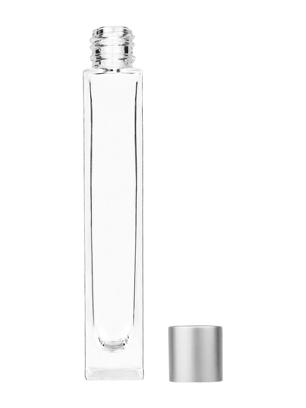 Empty Clear glass bottle with short matte silver cap capacity: 10ml, 1/3oz. For use with perfume or fragrance oil, essential oils, aromatic oils and aromatherapy.