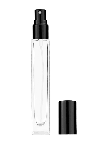 Tall rectangular design 10ml, 1/3oz Clear glass bottle with shiny black spray.