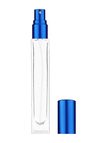 Tall rectangular design 10ml, 1/3oz Clear glass bottle with matte blue spray.