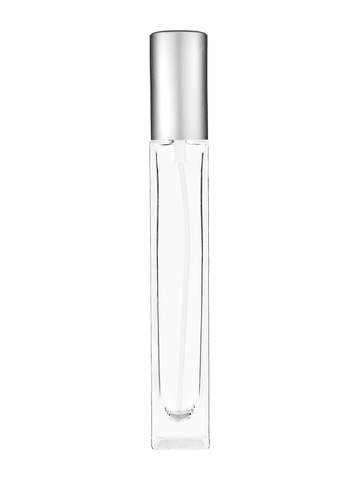 Tall rectangular design 10ml, 1/3oz Clear glass bottle with matte silver spray.