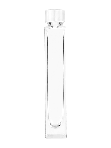 Tall rectangular design 10ml, 1/3oz Clear glass bottle with short white cap.