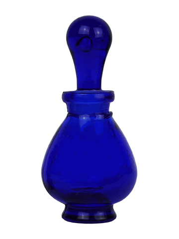 Blue glass teardrop shaped bottle with glass stopper. Capacity : 9ml (1/3oz)