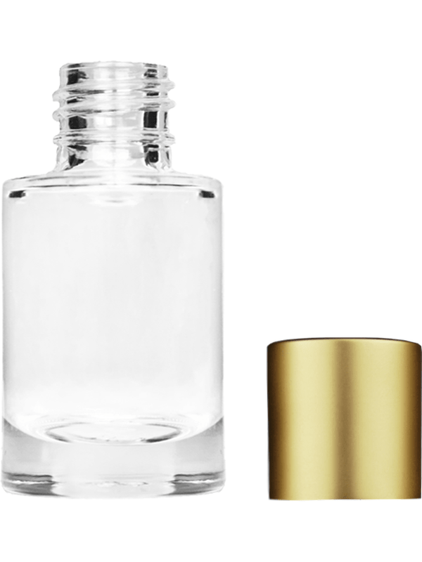 Empty Clear glass bottle with short matte gold cap capacity: 6ml, 1/5oz. For use with perfume or fragrance oil, essential oils, aromatic oils and aromatherapy.