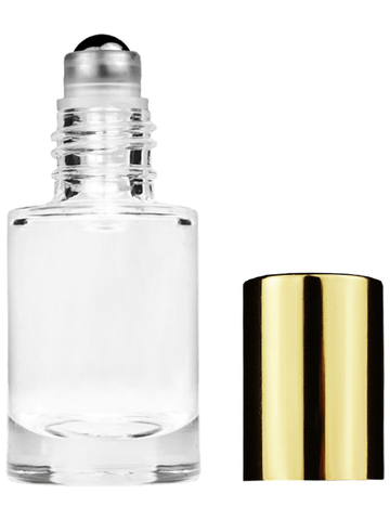 Tulip design 6ml, 1/5oz Clear glass bottle with metal roller ball plug and shiny gold cap.