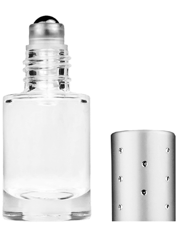 Tulip design 6ml, 1/5oz Clear glass bottle with metal roller ball plug and silver cap with dots.