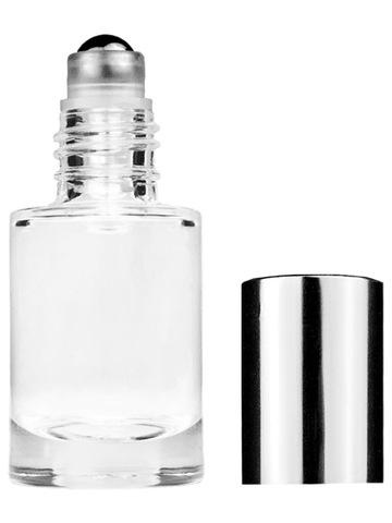 Tulip design 6ml, 1/5oz Clear glass bottle with metal roller ball plug and shiny silver cap.