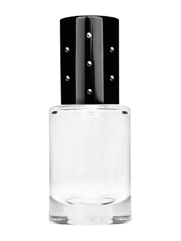 Tulip design 6ml, 1/5oz Clear glass bottle with plastic roller ball plug and black shiny cap with dots.