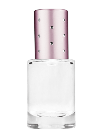 Tulip design 6ml, 1/5oz Clear glass bottle with plastic roller ball plug and pink cap with dots.