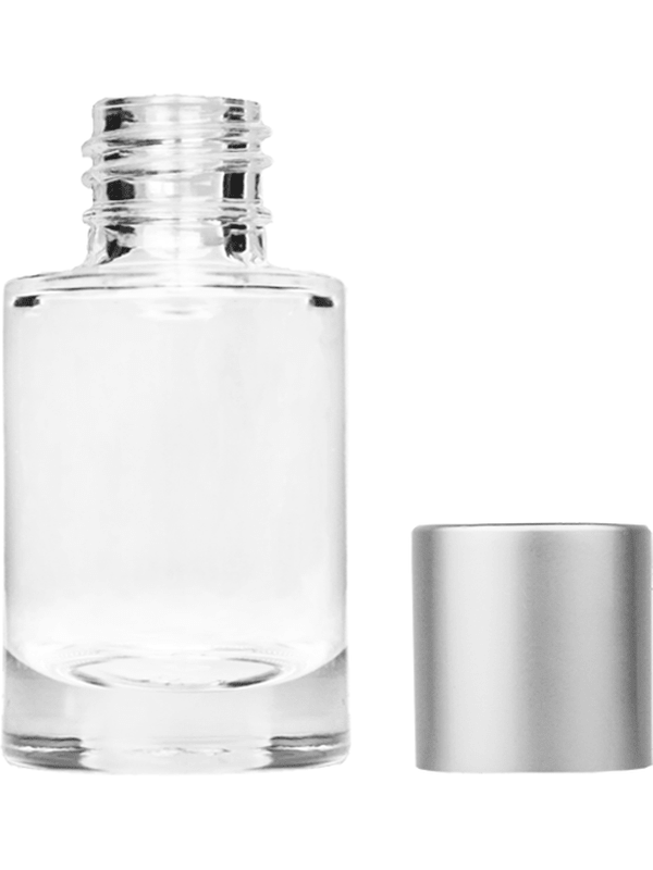 Empty Clear glass bottle with short matte silver cap capacity: 6ml, 1/5oz. For use with perfume or fragrance oil, essential oils, aromatic oils and aromatherapy.