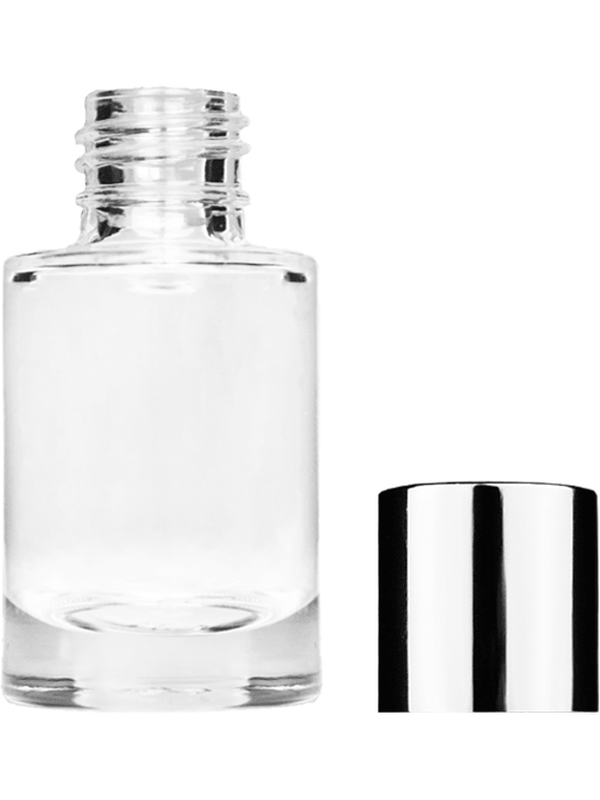 Empty Clear glass bottle with short shiny silver cap capacity: 6ml, 1/5oz. For use with perfume or fragrance oil, essential oils, aromatic oils and aromatherapy.