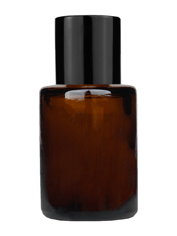 Empty Amber glass bottle with short shiny black cap capacity: 5ml, 1/6 oz. For use with perfume or fragrance oil, essential oils, aromatic oils and aromatherapy.