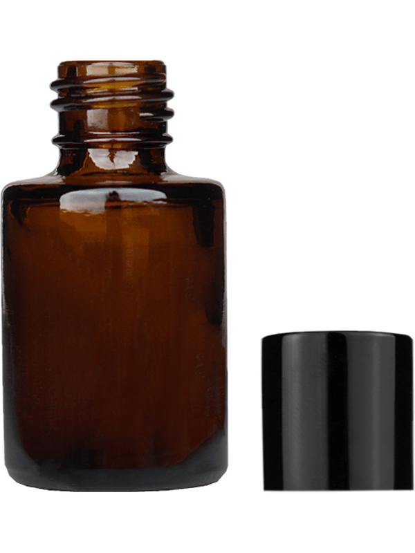 Empty Amber glass bottle with short shiny black cap capacity: 5ml, 1/6 oz. For use with perfume or fragrance oil, essential oils, aromatic oils and aromatherapy.