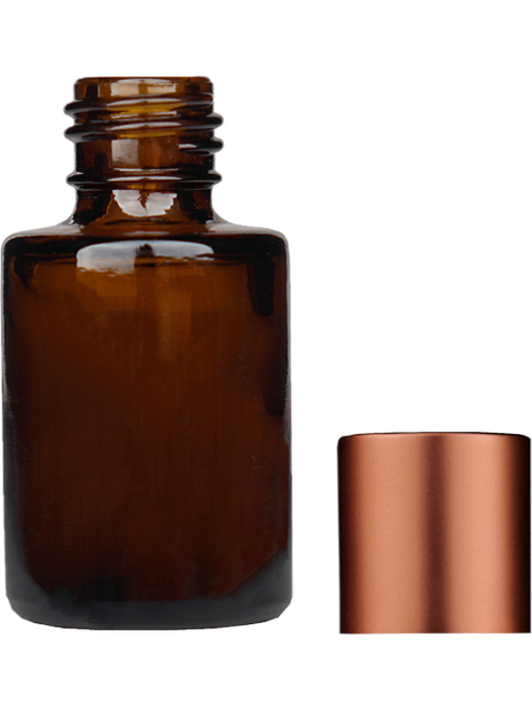 Empty Amber glass bottle with short matte copper cap capacity: 5ml, 1/6 oz. For use with perfume or fragrance oil, essential oils, aromatic oils and aromatherapy.