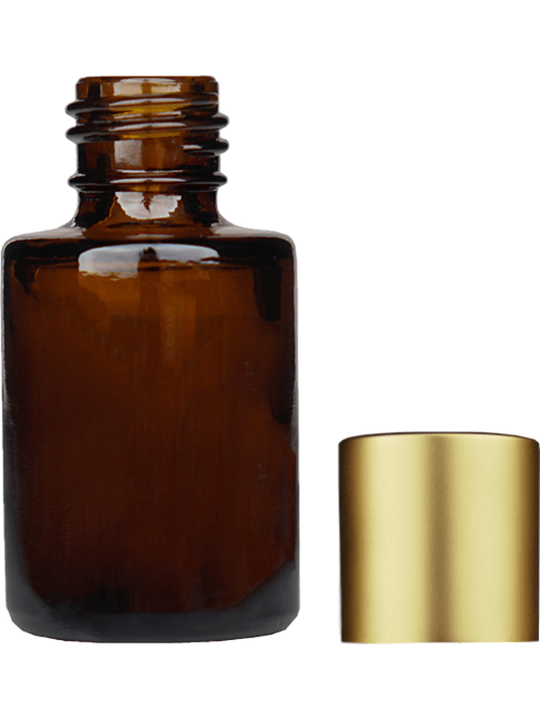 Empty Amber glass bottle with short matte gold cap capacity: 5ml, 1/6 oz. For use with perfume or fragrance oil, essential oils, aromatic oils and aromatherapy.