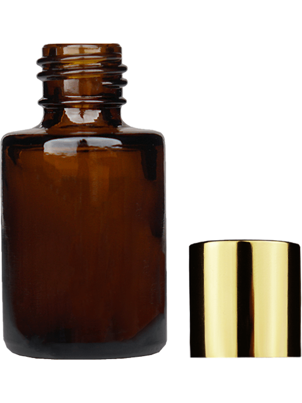 Empty Amber glass bottle with short shiny gold cap capacity: 5ml, 1/6 oz. For use with perfume or fragrance oil, essential oils, aromatic oils and aromatherapy.