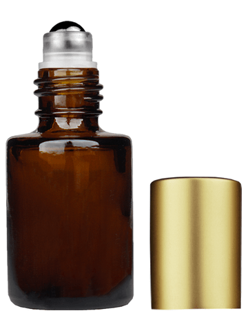 Tulip design 5ml, 1/6 oz Amber glass bottle with metal roller ball plug and matte gold cap.