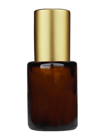 Tulip design 5ml, 1/6 oz Amber glass bottle with plastic roller ball plug and matte gold cap.