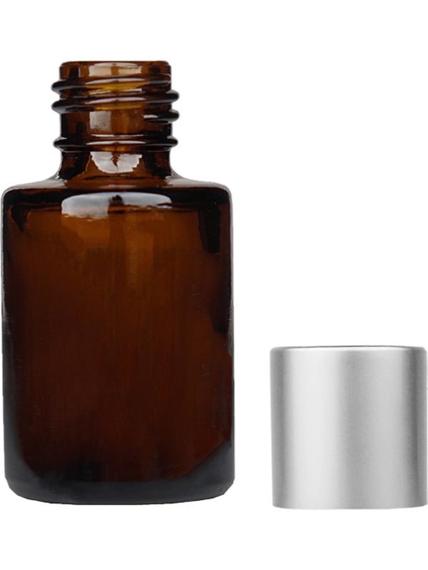 Empty Amber glass bottle with short matte silver cap capacity: 5ml, 1/6 oz. For use with perfume or fragrance oil, essential oils, aromatic oils and aromatherapy.