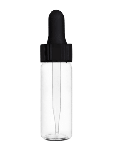 Vial design 1 dram Clear glass vial with black dropper.