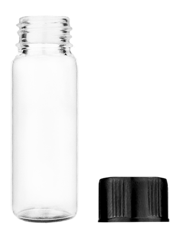 Vial design 2 ml clear glass vial with short black cap.