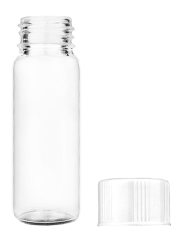 Vial design 2 ml clear glass vial with short white cap.