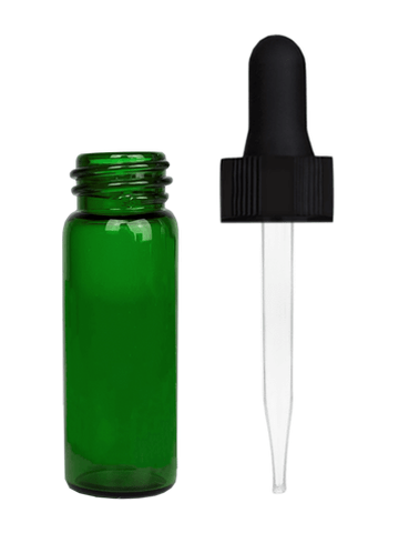 Vial design 1 dram Green glass vial with black dropper.