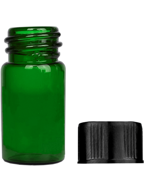 Vial design 5/8 dram Green glass vial with black short cap.