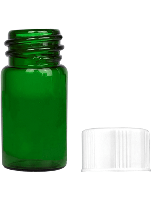 Vial design 5/8 dram Green glass vial with white short cap.